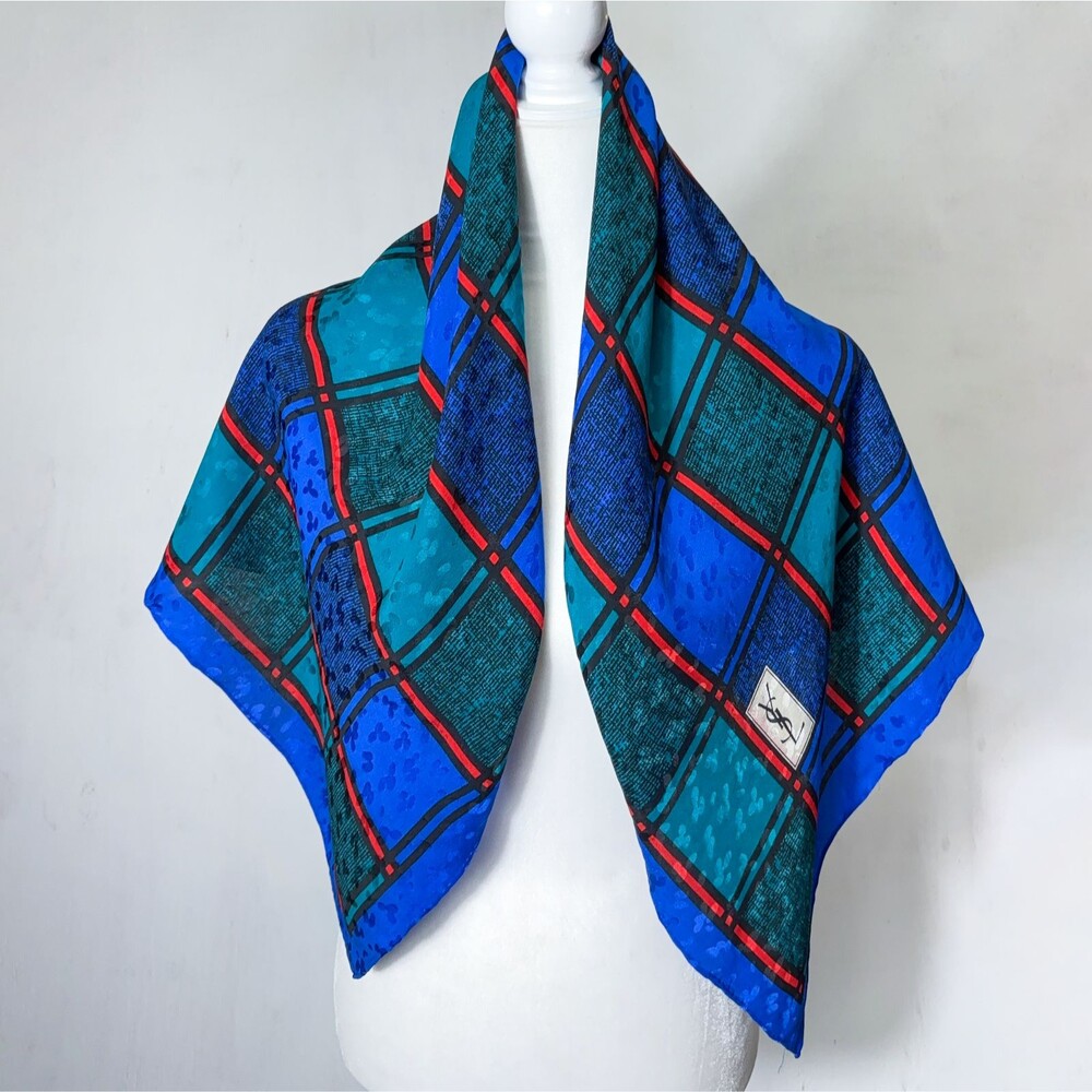 VTG Yves Saint Laurent YSL Silk Scarf Plaid Logo Blue Green Red Square 33" x 33"
